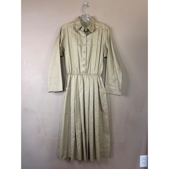 Jim Heilman Dresses & Skirts - Vintage Jim Heilman Khaki Tan Pleated Shirt Dress Long Sleeve Midi Pockets Sz 10